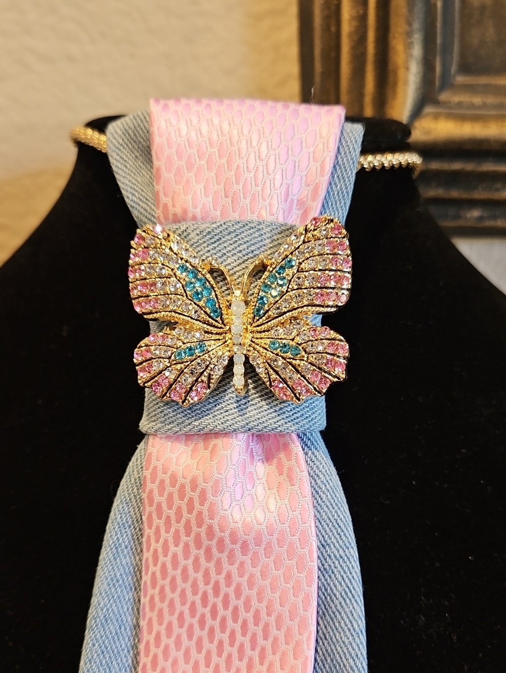 Custom Made Pastel Pink & Light Blue Denim Butterfly Necktie Nrcklace - Picture 2 of 6